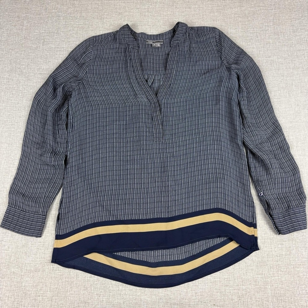 Vince Tunic Blouse Womens M Blue V-Neck Long Sleeve Silk Striped Top